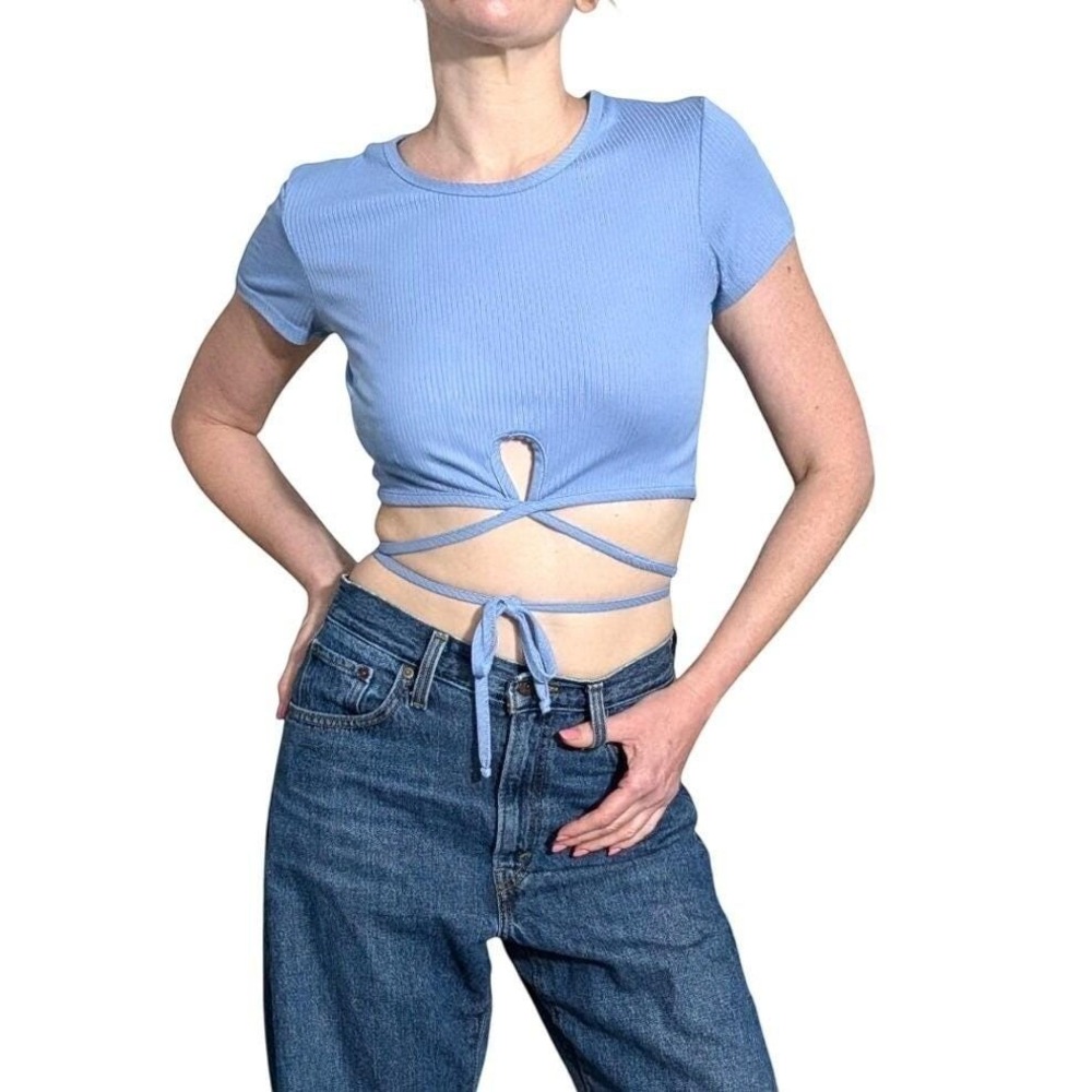 Vintage‎ Crop Top OMT Fashions Blue Ribbed Tie-Front Y2K Women's Small Made USA
